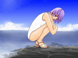 Rule 34 | 1girl, ayane (doa), cloud, day, dead or alive, hybrid cat, ocean, one-piece swimsuit, outdoors, purple hair, red eyes, sandals, short hair, sky, swimsuit, tecmo, white one-piece swimsuit