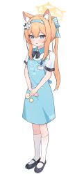 Rule 34 | 1girl, absurdres, animal ear headwear, apron, blue apron, blue archive, blue eyes, blue hairband, bow, bowtie, fake animal ears, flower, full body, hair flower, hair ornament, hairband, halo, highres, long hair, looking at viewer, mari (blue archive), nonddu, nun, orange hair, ponytail, short sleeves, simple background, solo, standing, white background, white flower, yellow halo