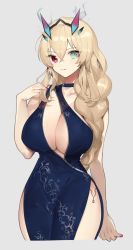 Rule 34 | 1girl, alternate costume, alternate hairstyle, blue dress, blue eyes, braid, braided ponytail, breasts, china dress, chinese clothes, cleavage, dress, barghest (fate), fate/grand order, fate (series), heterochromia, highres, horns, jewelry, large breasts, long hair, nail polish, narrow waist, pink nails, platinum blonde hair, ponytail, red eyes, smoke, smoke trail, tan (inka)