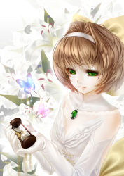 Rule 34 | 1girl, bow, broken glass, brooch, brown hair, elbow gloves, expressionless, eyelashes, flower, glass, gloves, green eyes, hair bow, hairband, highres, holding, holding hourglass, hourglass, jewelry, lace, lily (flower), original, rail (silverbow), sand, solo, sparkle, white gloves, white theme