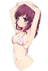 Rule 34 | 1girl, armpits, arms up, bikini, breasts, collarbone, covered erect nipples, highres, long hair, looking at viewer, machikado mazoku, mel (melty pot), navel, purple eyes, purple hair, simple background, small breasts, solo, swimsuit, wet, white background, yoshida ryouko
