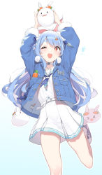 Rule 34 | 1girl, ;d, absurdres, animal ears, blue background, blue hair, blue jacket, carrot, carrot hair ornament, choker, cloba, dress, food-themed hair ornament, gradient background, hair ornament, hairclip, highres, hololive, jacket, long hair, long sleeves, one eye closed, open mouth, pekomon (usada pekora), rabbit-shaped pupils, rabbit ears, red eyes, smile, solo, standing, standing on one leg, symbol-shaped pupils, usada pekora, usada pekora (casual), virtual youtuber, white background, white choker, white dress