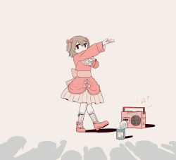 Rule 34 | 1girl, 6+others, absurdres, arm up, avogado6, bear hair ornament, beige background, belt bow, black eyes, bow, brown hair, busking, can, dress, frilled dress, frilled kneehighs, frilled shirt, frilled sleeves, frills, full body, hair bow, hair ornament, hairclip, heart, highres, kneehighs, layered dress, light blush, long sleeves, looking at viewer, medium hair, microphone, multiple others, music, musical note, no sclera, open mouth, original, pink bow, pink dress, pink footwear, pleated dress, radio, shadow, shirt, short twintails, simple background, singing, socks, solo focus, twintails, white socks