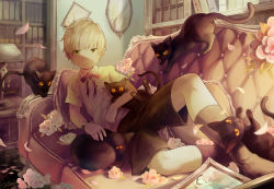 Rule 34 | 1boy, artist name, black cat, book, bookshelf, cat, flower, indoors, lamp, looking at viewer, lying, male focus, mirror, no shoes, noeyebrow (mauve), on side, original, pillow, short hair, shorts, socks, solo, watch, wristwatch