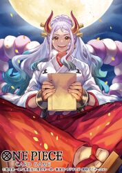 Rule 34 | 1girl, aqua hair, bandaid, bandaid on face, book, commentary request, copyright name, crying, cuffs, earrings, geta, hair ornament, hakama, handcuffs, highres, holding, holding book, horns, japanese clothes, jewelry, kimono, koushi rokushiro, long sleeves, looking at viewer, moon, multicolored hair, official art, one piece, one piece card game, open mouth, orange hair, ponytail, red hakama, rope, shimenawa, sidelocks, solo, teeth, upper teeth only, white hair, white kimono, yamato (one piece)
