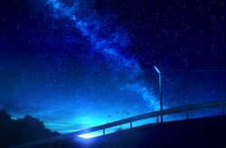 Rule 34 | blue theme, commentary request, grass, guard rail, highres, lamppost, milky way, mks, monochrome, night, night sky, no humans, original, outdoors, power lines, scenery, sky, star (sky), starry sky