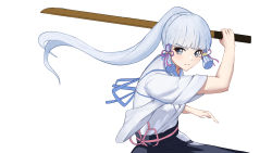 Rule 34 | 1girl, ayaka (genshin impact), blue eyes, blue hair, blunt bangs, clisapex, closed mouth, commentary request, genshin impact, hair ribbon, highres, holding, holding sword, holding weapon, japanese clothes, light blue hair, looking at viewer, mole, mole under eye, pink ribbon, ribbon, simple background, solo, sword, tress ribbon, upper body, weapon, white background, wooden sword