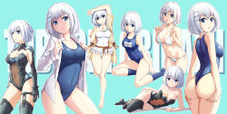 Rule 34 | 1girl, arm up, ass, ass support, bikini, blue eyes, blue one-piece swimsuit, casual one-piece swimsuit, contrapposto, covered navel, cowboy shot, date a live, fish.boy, hair ornament, hairclip, halterneck, hands on own ass, highres, leotard, lying, multiple views, navel, on side, one-piece swimsuit, school swimsuit, see-through, short hair, side-tie bikini bottom, sitting, swimsuit, thighhighs, tobiichi origami, white bikini, white hair, white one-piece swimsuit, yokozuwari