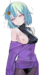 Rule 34 | 1girl, @ @, absurdres, bare shoulders, black leotard, blue eyes, blue hair, breasts, coin, coin on string, collarbone, covered erect nipples, half-closed eyes, heterochromia, highres, hypnosis, jacket, latex, latex leotard, leotard, medium breasts, mind control, nipples, off shoulder, one breast out, pantyhose, parted lips, partially unzipped, purple jacket, red eyes, saaal653, shiny clothes, short hair, solo, squeans, standing, tatara kogasa, touhou