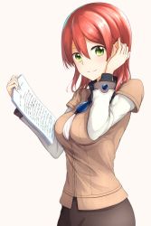 Rule 34 | 1girl, akagami no shirayukihime, commentary request, from side, green eyes, hair between eyes, highres, holding, holding paper, looking at viewer, looking to the side, natsuya (pucelle), paper, red hair, shirayuki (akagami no shirayukihime), simple background, smile, solo, white background