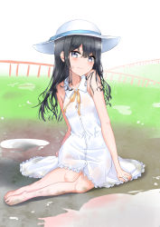 Rule 34 | 1girl, absurdres, adagaki aki, bad foot, barefoot, black hair, blue eyes, blue ribbon, blush, breasts, day, dirty, dirty face, dress, hair between eyes, hat, hat ribbon, highres, long hair, looking at viewer, masamune-kun no revenge, md5 mismatch, outdoors, puddle, resolution mismatch, ribbon, sitting, sky, small breasts, source smaller, sunhyun, white dress, white hat, white sky, yellow ribbon