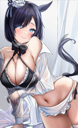 Rule 34 | 1girl, absurdres, animal ears, armpit crease, bare shoulders, bikini, black bikini, black bow, black hair, blue eyes, blush, bow, breasts, cleavage, commentary request, criss-cross halter, curtains, ear ornament, eishin flash (umamusume), frilled jacket, frills, halterneck, highres, horse ears, horse girl, horse tail, jacket, large breasts, long sleeves, looking at viewer, maid, maid bikini, navel, on bed, open clothes, open shirt, po musubi, shirt, short hair, side-tie bikini bottom, smile, solo, swimsuit, tail, thighhighs, umamusume, unconventional maid, white shirt, white thighhighs