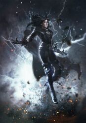 Rule 34 | black cloak, black hair, boots, cloak, gwent (game), high heel boots, high heels, highres, lightning, non-web source, pants, realistic, the witcher (series), the witcher 3, witch, yennefer, yennefer of vengerberg