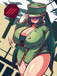 Rule 34 | 1girl, blue eyes, bottomless, breasts, cleavage, covering privates, covering crotch, female focus, gloves, green hair, hat, hatsune miku, huge breasts, long hair, long twintails, military, raion-san, solo, standing, thighs, twintails, vocaloid, white gloves