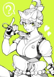 Rule 34 | 1girl, ?, absurdres, bow, breasts, fingerless gloves, gloves, green background, green eyes, greyscale with colored background, hair bow, highres, holding, holding weapon, kiriko (overwatch), kunai, looking at viewer, medium breasts, monochrome, overwatch, short hair, solo, spoken question mark, weapon, yotsumi shiro