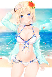 Rule 34 | 1girl, absurdres, aqua jacket, arm up, armpits, bare shoulders, beach, bead bracelet, beads, bikini, black choker, blonde hair, blue eyes, blue nails, bracelet, breasts, choker, cleavage, collarbone, cowboy shot, earrings, flower, frilled bikini, frills, front-tie bikini top, front-tie top, groin, hair flower, hair ornament, halterneck, hibiscus, highres, jacket, jewelry, large breasts, lebring, looking at viewer, nail polish, navel, ocean, off shoulder, open clothes, open jacket, original, outdoors, short hair, smile, solo, standing, stomach, swimsuit, thighs, water, white bikini