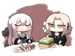 Rule 34 | 2girls, aug (girls&#039; frontline), black jacket, blonde hair, blush, bread, broccoli, chibi, closed eyes, closed mouth, commentary, cross hair ornament, cutting, egg (food), expressionless, eyes visible through hair, floppy disk, flower, food, fur trim, girls&#039; frontline, hair between eyes, hair flower, hair ornament, hair over one eye, holding, holding knife, holding spork, jacket, kar98k (girls&#039; frontline), knife, lettuce, long hair, long sleeves, madcore, multiple girls, plate, sandwich, simple background, smile, square, table, u u, what, white hair, yellow eyes