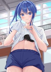 Rule 34 | 1girl, absurdres, basketball hoop, black bra, blue eyes, blue hair, blue nails, blush, bra, bra peek, check commentary, clothes lift, cloud, commentary, commentary request, exercising, fingernails, from below, gym, highres, hololive, hoshimachi suisei, indoors, lips, long bangs, looking at another, midriff, navel, ponytail, pursed lips, railing, shirt, shirt lift, shorts, sky, stomach, sweat, towel, towel around neck, tsukishiro mio, underwear, virtual youtuber, white shirt, window, workout clothes