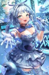 Rule 34 | 1girl, absurdres, angel, breasts, detached collar, dress, frills, gloves, green eyes, hai 0013, hair intakes, hairband, halo, highres, holding, holding microphone, idol, idol clothes, kamishiro rita, layered skirt, mechanical halo, microphone, music, open mouth, prism project, singing, skirt, sleeveless, sleeveless dress, solo, stage, thighhighs, virtual youtuber, white gloves, white hair