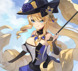 Rule 34 | 1girl, :q, bare shoulders, black headwear, blonde hair, blue dress, blue eyes, blue sky, breasts, cleavage, cloud, day, detached sleeves, dress, drill hair, genshin impact, highres, holding, holding umbrella, large breasts, long hair, long sleeves, looking at viewer, navia (genshin impact), sky, solo, strapless, strapless dress, tongue, tongue out, tsunakawa, umbrella, very long hair