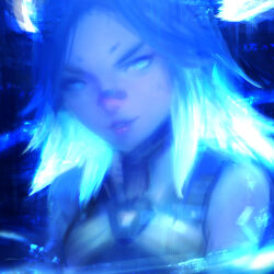 Rule 34 | 1girl, alex chow, blue eyes, blue hair, blue theme, glowing, glowing hair, looking to the side, neon (valorant), parted lips, red lips, shirt, sleeveless, sleeveless shirt, smile, solo, v-shaped eyebrows, valorant
