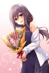Rule 34 | 1girl, :d, bare shoulders, blush, bouquet, breasts, commentary request, dress, dutch angle, flower, grey hair, hair between eyes, holding, holding bouquet, idolmaster, idolmaster cinderella girls, jewelry, kanzaki ranko, long dress, long hair, low ponytail, medium breasts, off-shoulder shirt, off shoulder, aged up, open mouth, purple dress, red eyes, red ribbon, ribbon, ring, shirt, sleeveless, sleeveless dress, smile, solo, sparkle, uraichishi, wedding band, white shirt