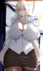 Rule 34 | 1girl, arknights, blonde hair, blush, breasts, chomikuplus, cleavage, collarbone, cowboy shot, curvy, facing viewer, grin, hair between eyes, highres, horns, huge breasts, long hair, looking at viewer, miniskirt, pointy ears, shining (arknights), skirt, smile, solo, standing, thick thighs, thighs, wide hips, yellow eyes