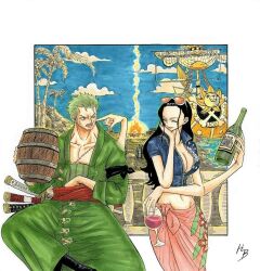 Rule 34 | 1boy, 1girl, artist request, black hair, bottle, closed eyes, closed mouth, cup, drinking glass, extra arms, eyewear on head, green hair, holding, holding bottle, holding cup, long hair, nico robin, one eye closed, one piece, open mouth, orange-tinted eyewear, roronoa zoro, scar, scar across eye, scar on chest, scar on face, ship, short hair, signature, smile, sunglasses, third-party source, thousand sunny, tinted eyewear, unworn eyewear, watercraft