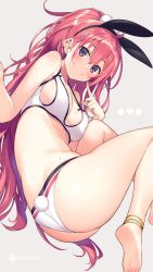 Rule 34 | 1girl, absurdres, animal ears, anklet, ass, bad id, bad twitter id, bare legs, bare shoulders, barefoot, bikini, blush, breasts, closed mouth, ear piercing, fake animal ears, fake tail, grey background, hair ornament, hairclip, highres, jewelry, kurebayashi noe, large breasts, leotard, long hair, looking at viewer, mole, original, piercing, playboy bunny, ponytail, purple eyes, rabbit ears, rabbit tail, red hair, smile, soles, solo, swimsuit, tail, two-tone bikini, very long hair, white bikini