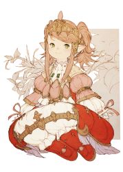 Rule 34 | 10s, 1girl, blush, boots, brown hair, circlet, closed mouth, dress, final fantasy, final fantasy xiv, floral background, full body, gem, green eyes, highres, junwool, lalafell, long sleeves, looking at viewer, nanamo ul namo, pointy ears, puffy long sleeves, puffy sleeves, red footwear, sidelocks, sitting, sketch, sleeves past wrists, smile, solo, swept bangs, twintails