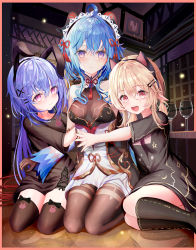 Rule 34 | 3girls, :d, absurdres, ahoge, alternate costume, alternate hairstyle, animal ears, arm hug, black dress, black socks, blue hair, blurry, breasts, casual, cat ears, cleavage, commentary request, contemporary, cup, depth of field, dress, drinking glass, enmaided, fake animal ears, ganyu (genshin impact), genshin impact, hair between eyes, hair down, hair ornament, hairband, hairclip, highres, horns, klee (genshin impact), kneehighs, light brown hair, long hair, looking at viewer, low twintails, maid, maid headdress, medium breasts, multiple girls, open mouth, pointy ears, purple eyes, purple hair, qiqi (genshin impact), red eyes, reflection, short sleeves, sidelocks, sitting, small breasts, smile, socks, st1911, thighhighs, twintails, wariza, wine glass, wooden floor, zettai ryouiki