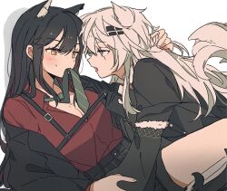 Rule 34 | 2girls, animal ears, arknights, arm around shoulder, black hair, black jacket, black shorts, blush, breasts, cleavage, collared shirt, dress shirt, extra ears, green necktie, grey eyes, hair ornament, hairclip, jacket, lappland (arknights), lappland (refined horrormare) (arknights), long hair, long sleeves, loose necktie, medium breasts, mouth hold, multiple girls, necktie, necktie in mouth, official alternate costume, open clothes, open jacket, open mouth, reclining, red shirt, seri (vyrlw), shirt, shorts, sidelocks, simple background, striped necktie, sweatdrop, tail, teeth, texas (arknights), texas (willpower) (arknights), upper teeth only, white background, white hair, wolf ears, wolf girl, wolf tail, yellow eyes, yuri