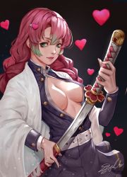 Rule 34 | 1girl, animal ears, belt, belt buckle, black background, black jacket, black skirt, braid, breasts, buckle, cape, cleavage, cowboy shot, dated, gradient hair, green eyes, green hair, hair ornament, hairclip, heart, heart hair ornament, highres, holding, holding sword, holding weapon, jacket, kanroji mitsuri, katana, kimetsu no yaiba, long hair, long sleeves, looking at viewer, medium breasts, multicolored hair, no bra, open clothes, open jacket, open shirt, parted bangs, pink hair, revision, sheath, sherylnome, shirt, signature, simple background, skirt, smile, sword, twin braids, unbuttoned, unsheathing, very long hair, weapon, white cape, white shirt