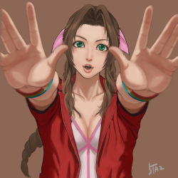 Rule 34 | 1girl, 5tatsu, absurdres, aerith gainsborough, artist name, bangle, blurry, blurry foreground, bracelet, braid, braided ponytail, breasts, brown background, cleavage, collarbone, dress, final fantasy, final fantasy vii, final fantasy vii remake, green eyes, hair ribbon, highres, jacket, jewelry, long hair, looking at viewer, medium breasts, outstretched arms, parted bangs, parted lips, pink dress, pink ribbon, reaching, reaching towards viewer, red jacket, ribbon, short sleeves, sidelocks, solo, teeth, upper body, upper teeth only, wavy hair
