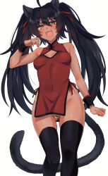 Rule 34 | 1girl, :3, :d, ahoge, animal ears, black hair, black thighhighs, blush, breasts, cat ears, cat girl, cat tail, clothing request, copyright request, covered navel, cowboy shot, fangs, hair between eyes, hair ribbon, highres, long hair, looking at viewer, medium breasts, navel, open mouth, red ribbon, ribbon, saigi, simple background, smile, solo, symbol-only commentary, tail, thighhighs, twintails, white background, yellow eyes