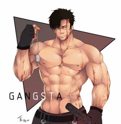 Rule 34 | 1boy, abs, alternate pectoral size, bara, black hair, blood, blood on face, cowboy shot, dog tags, fingerless gloves, gangsta, gloves, holding, holding sword, holding weapon, large pectorals, looking at viewer, male focus, muscular, muscular male, navel, nicolas brown, nipples, pectorals, short hair, sideburns, smile, solo, stomach, swept bangs, sword, tengo (maotengo), topless male, weapon
