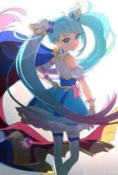 Rule 34 | 1girl, ahoge, backlighting, blue bow, blue cape, blue eyes, blue hair, bow, cape, commentary request, cure sky, cut bangs, detached sleeves, earrings, fingerless gloves, from behind, gloves, hair bow, highres, hirogaru sky! precure, jewelry, lens flare, light particles, long hair, looking at viewer, magical girl, multicolored hair, pink bow, pink hair, precure, puffy detached sleeves, puffy sleeves, red cape, single sidelock, smile, solo, sora harewataru, streaked hair, thighhighs, tokira nozumi, twintails, twitter username, two-sided cape, two-sided fabric, very long hair, white gloves, white thighhighs, wing hair ornament