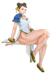 Rule 34 | 1girl, bracelet, breasts, brown eyes, brown hair, capcom, chinese clothes, chun-li, cleavage, cleavage cutout, clothing cutout, curvy, earrings, eyeliner, highres, jewelry, large breasts, makeup, sitting, slippers, solo, street fighter, street fighter 6, thick thighs, thighs, tuzi717
