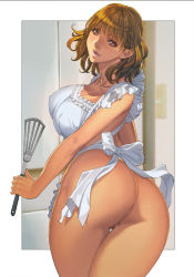 Rule 34 | 1girl, apron, ass, bad anatomy, breasts, brown hair, censored, covered erect nipples, cowboy shot, from behind, highres, holding, homare (fool&#039;s art), large breasts, looking at viewer, looking back, mosaic censoring, naked apron, open mouth, original, purple eyes, pussy, smile, solo, twisted torso