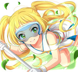 Rule 34 | 1girl, absurdres, aikatsu! (series), aikatsu friends!, bare shoulders, blonde hair, blunt bangs, blush, breasts, floating hair, gloves, goggles, green eyes, highres, hinata ema (aikatsu friends!), holding, leaf, long hair, looking at viewer, parted lips, partially fingerless gloves, sekina, skirt, small breasts, smile, solo, twintails, white gloves, white skirt