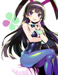Rule 34 | 1girl, animal ears, bare shoulders, black bow, black bowtie, black hair, blue eyes, blush, bow, bowtie, braid, breasts, cleavage, commentary, detached collar, fake animal ears, hair ornament, index finger raised, crossed legs, leotard, long hair, looking at viewer, medium breasts, nijisanji, onono imoko, open mouth, pantyhose, playboy bunny, rabbit ears, rabbit girl, smile, solo, sweatdrop, tsukino mito, virtual youtuber