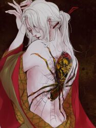 Rule 34 | 1boy, bare back, black background, bug, bungou to alchemist, from behind, hair between eyes, hair ornament, hair stick, hands up, ichimoku (tansio5), japanese clothes, kimono, lipstick, long hair, long sleeves, looking at viewer, looking back, makeup, male focus, open clothes, open kimono, parted lips, ponytail, red kimono, red lips, shawl, sidelocks, silk, simple background, solo, spider, spider web, tanizaki junichirou (bungou to alchemist), upper body, yellow eyes