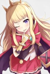 Rule 34 | 1girl, ;), blonde hair, blush, book, bracer, cagliostro (granblue fantasy), cape, cowboy shot, finger to mouth, gem, granblue fantasy, hairband, highres, ichijou (kr neru0), jewelry, looking at viewer, one eye closed, purple eyes, red skirt, skirt, smile, solo, spiked hairband, spikes, tiara