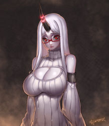 Rule 34 | 10s, 1girl, abyssal ship, bare shoulders, bespectacled, blush, breasts, cleavage, cleavage cutout, clothing cutout, detached sleeves, glasses, horns, kantai collection, kugi ta hori taira, large breasts, long hair, looking at viewer, meme attire, open-chest sweater, pale skin, red-framed eyewear, red eyes, ribbed sweater, seaport princess, semi-rimless eyewear, single horn, solo, sweater, turtleneck, under-rim eyewear, very long hair, white hair
