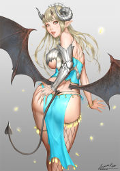 Rule 34 | 1girl, aqua eyes, ariverkao, ass, asymmetrical clothes, bare shoulders, blonde hair, bracelet, breasts, dated, demon horns, demon tail, detached sleeves, fishnets, from behind, gradient background, horns, jewelry, large breasts, lips, long hair, looking at viewer, looking back, low wings, mole, mole under eye, original, parted lips, pelvic curtain, pointy ears, signature, single detached sleeve, single thighhigh, solo, tail, thigh strap, thighhighs, underboob, wings