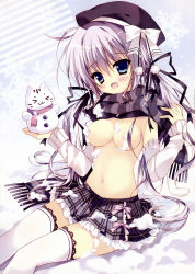 Rule 34 | &gt; &lt;, 1girl, :3, > <, absurdres, blue eyes, breasts, censored, convenient censoring, detached sleeves, closed eyes, hat, herurun, highres, light purple hair, no bra, plaid, plaid skirt, scarf, sitting, skirt, snow, snowman, solo, thighhighs, topless, twintails, white thighhighs, x3, zettai ryouiki