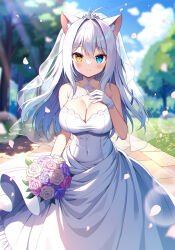 Rule 34 | 1girl, animal ears, blue eyes, blurry, blurry background, blush, bouquet, breasts, bridal veil, bride, cat ears, cat girl, cleavage, closed mouth, dress, flower, gloves, grey hair, hair between eyes, heterochromia, holding, holding bouquet, large breasts, long hair, looking at viewer, mauve, original, outdoors, petals, sleeveless, sleeveless dress, smile, solo, veil, wedding dress, white dress, white gloves, yellow eyes