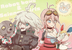 Rule 34 | 2boys, 2girls, android, animal crossing, animal ears, antenna hair, armor, blue eyes, blush, breasts, brown background, cephalobot (animal crossing), cleavage, danganronpa (series), danganronpa v3: killing harmony, english text, fingerless gloves, glasses, gloves, goggles, goggles on head, gradient background, grey hair, hair between eyes, hakusoto, iruma miu, k1-b0, lab coat, large breasts, messy hair, mouse ears, mouse girl, mouse tail, multiple boys, multiple girls, nintendo, o-ring, octopus boy, one eye closed, open mouth, outline, petri (animal crossing), pink shirt, power armor, shirt, short hair, smile, sparkle, sweater, tail, teeth, upper body, upper teeth only, wavy mouth, white outline