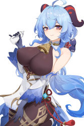 Rule 34 | 1girl, absurdres, ahoge, baby bottle, bare shoulders, bell, berserker r, blue hair, bottle, breasts, closed mouth, covered erect nipples, cowbell, eyelashes, ganyu (genshin impact), genshin impact, gloves, goat horns, hair between eyes, highres, holding, horns, large breasts, long hair, looking at viewer, low ponytail, simple background, solo, tassel, vision (genshin impact), white background