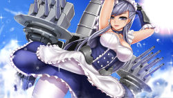 Rule 34 | 1girl, :d, apron, arm guards, armpits, arms up, azur lane, belfast (azur lane), blue gloves, blue skirt, blue sky, braid, breasts, buttons, cannon, chain, cleavage, collar, corset, cowboy shot, day, double-breasted, dutch angle, elbow gloves, french braid, frilled apron, frilled gloves, frilled skirt, frills, gloves, hexelica, highres, large breasts, looking at viewer, maid headdress, medium skirt, open mouth, pantyhose, skirt, sky, smile, solo, sparkle, standing, sun, sunlight, swept bangs, turret, waist apron, white apron, white pantyhose